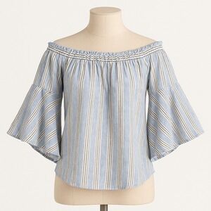 Milkmaid Bell Sleeve Peasant Top Sz XS Blue Striped Cottagecore Festival Prairie